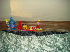 Water, torch, insect repellent, tent, chocolates !