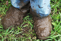 Closeup of a very muddy pair of boots