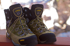 A pair of brown hiking boots